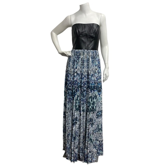 Sachin + Babi Leather & Blue Printed Pleated Accents Strapless Maxi Long Dress - Picture 2 of 14